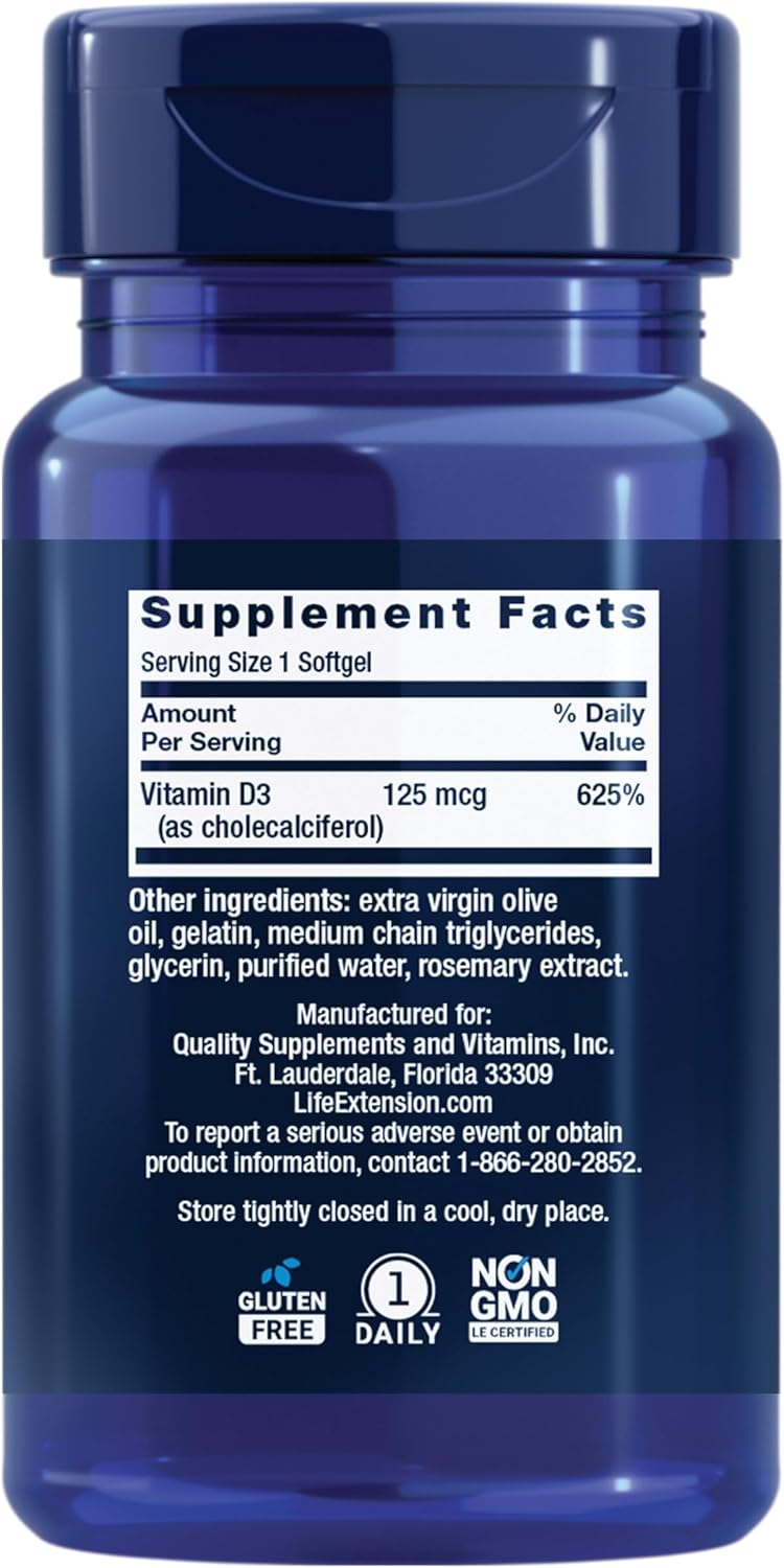 Life Extension Vitamin D3 125 mcg (5,000 IU), 60 Softgels