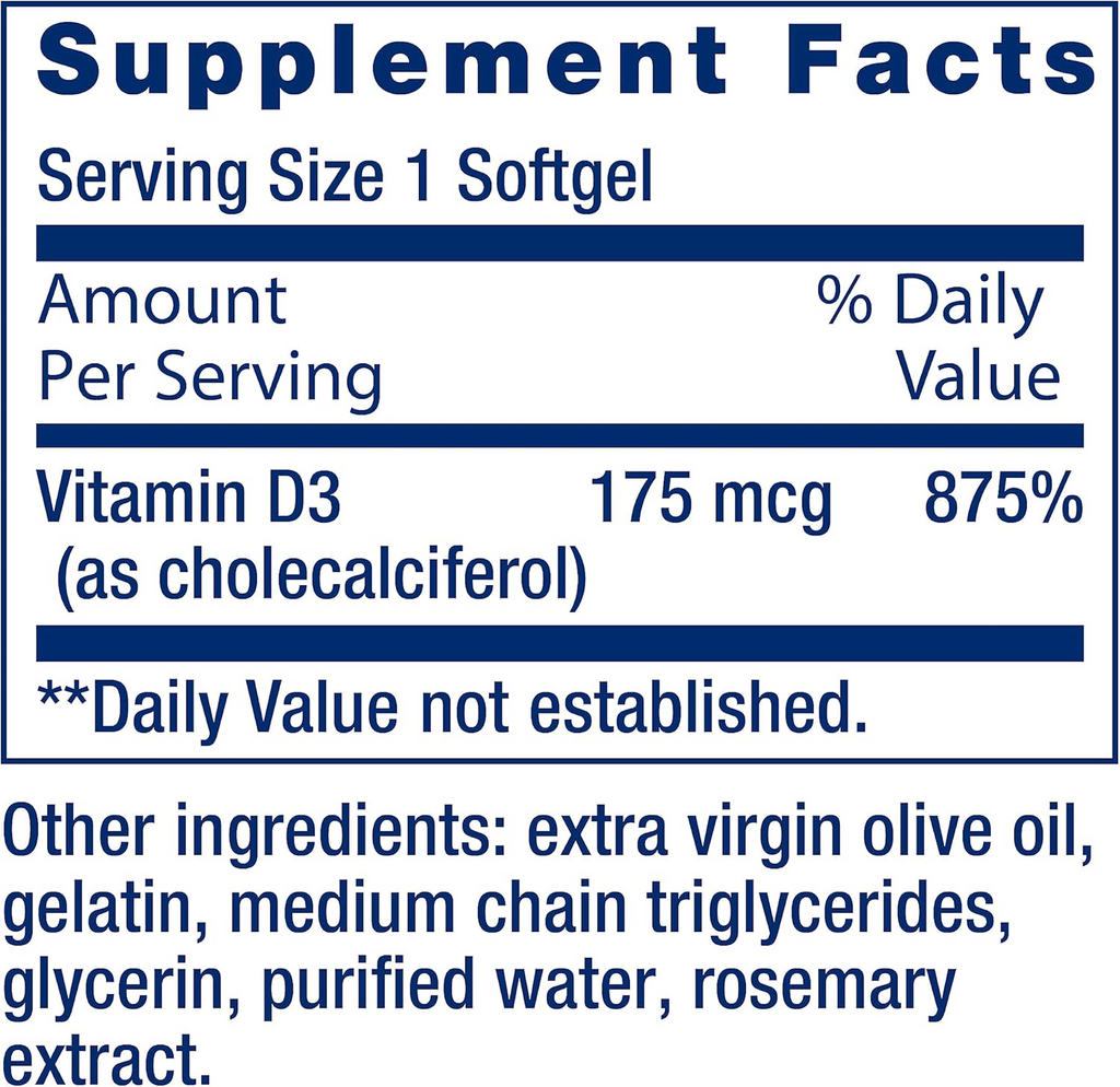 Life Extension Vitamin D3 175 mcg (7,000 IU), 60 Softgels