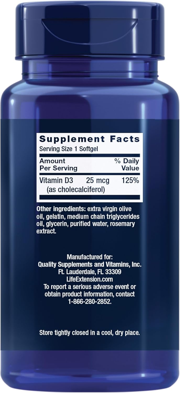 Life Extension Vitamin D3 25 mcg (1,000 IU), 250 Softgels