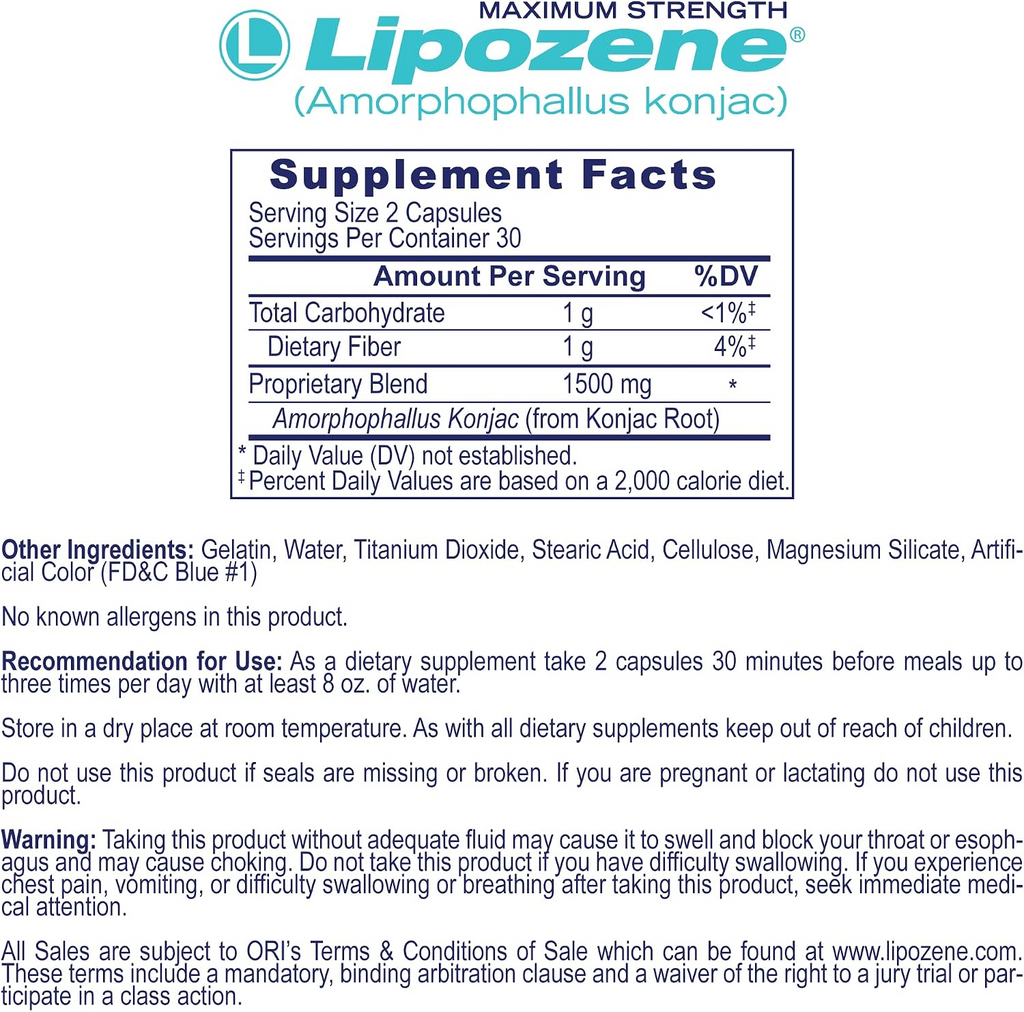 Lipozene Amorphophallus Konjac Maximum Strength 1500mg Per Serving 120 Capsule