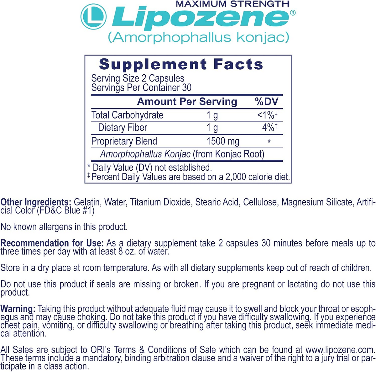 Lipozene Amorphophallus Konjac Maximum Strength 1500mg Per Serving 120 Capsule