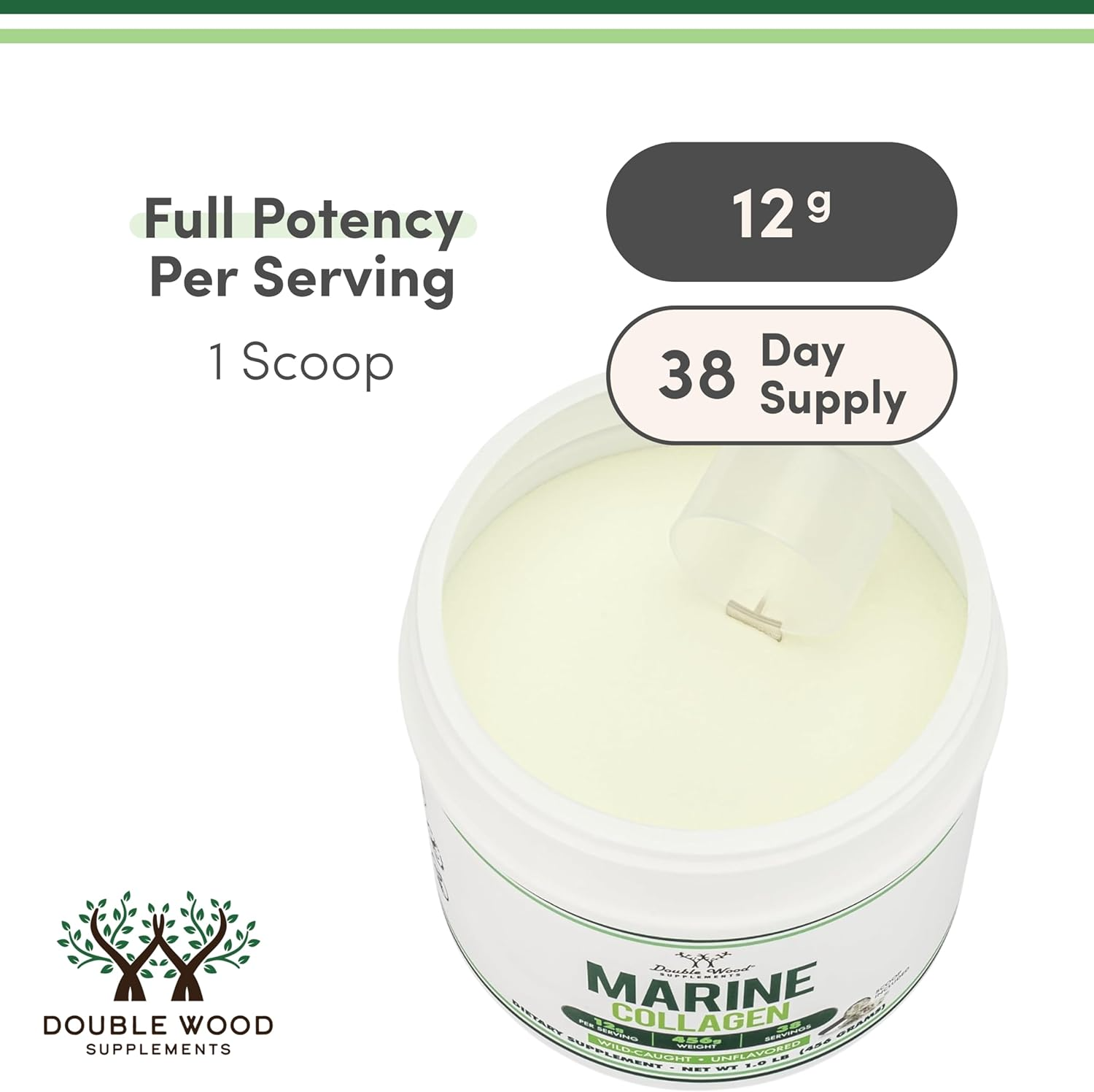 Double Wood Supplements Marine Collagen Powder, Unflavored 1 LB 456g