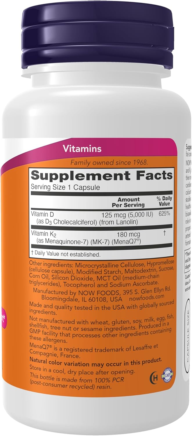 Now Foods Mega D-3 & MK-7 5000 IU / 180 mcg 60 Capsules