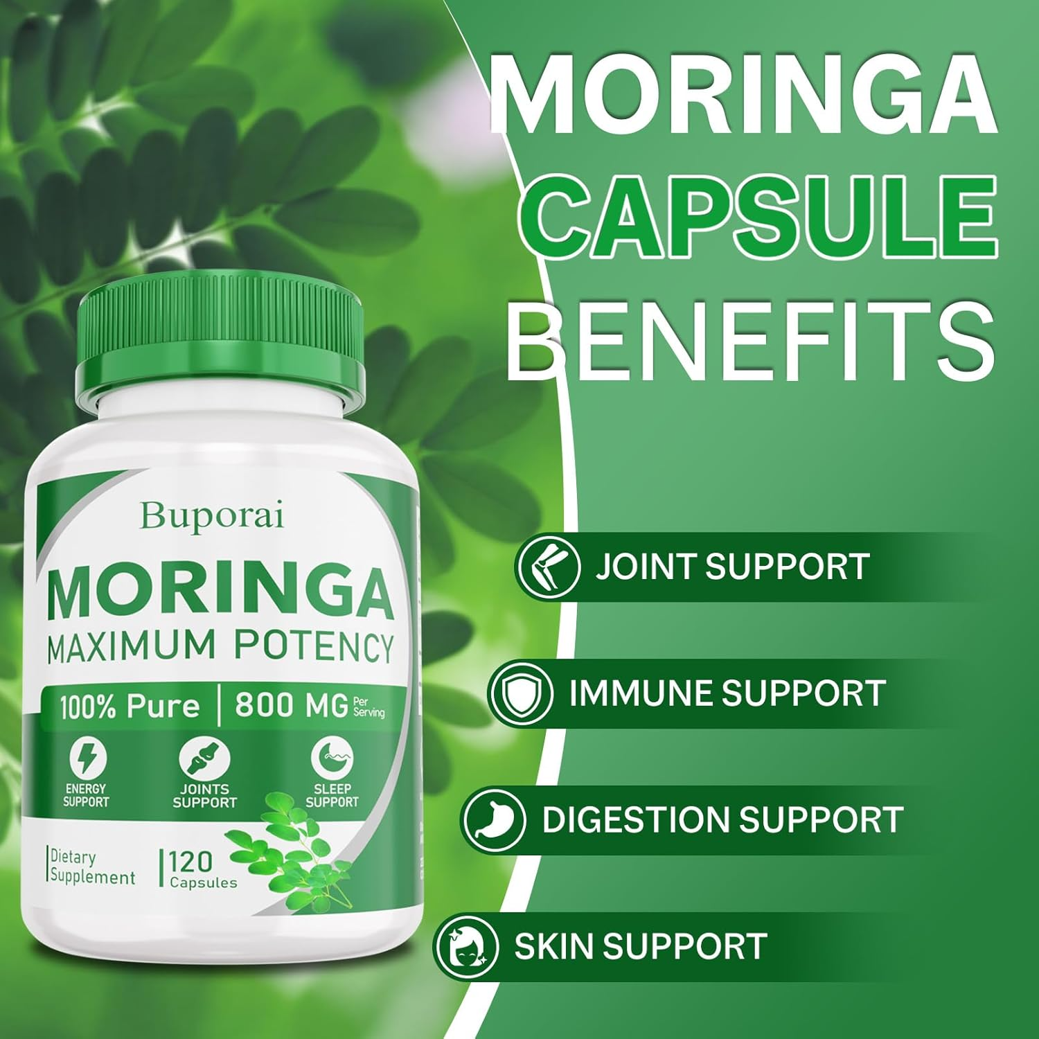 Buporai Moringa Capsules 800mg - Maximum Potency - 120 Count