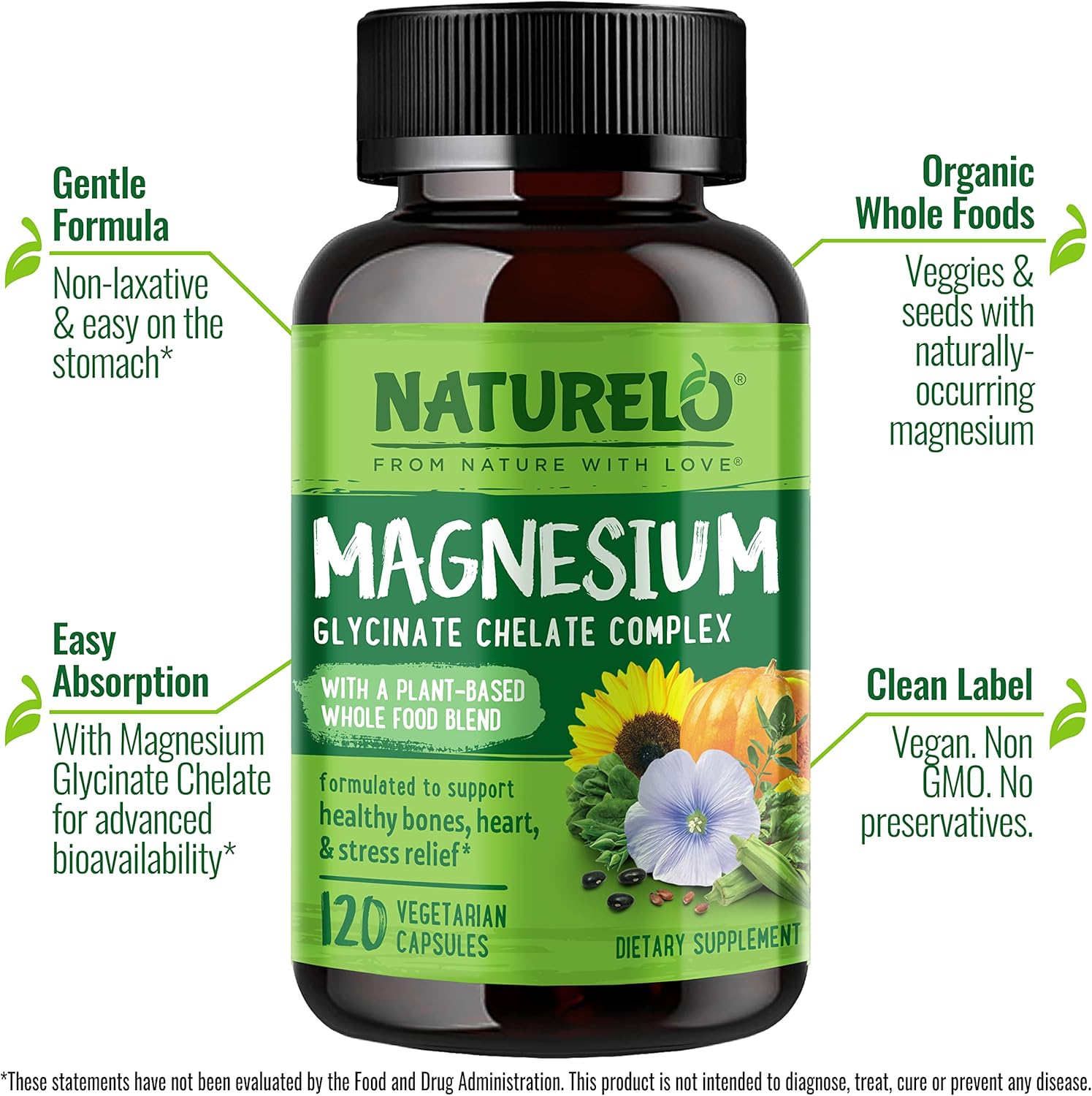 NATURELO Magnesium Glycinate Chelate Complex, 120 Vegetarian Capsules
