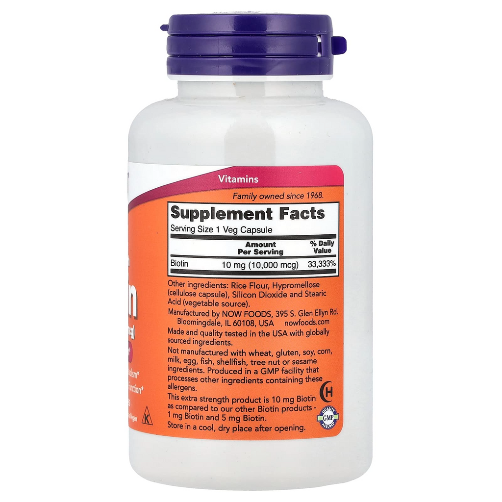 NOW Foods Biotin 10 mg (10,000 mcg), Extra Strength 120 Veg Capsules