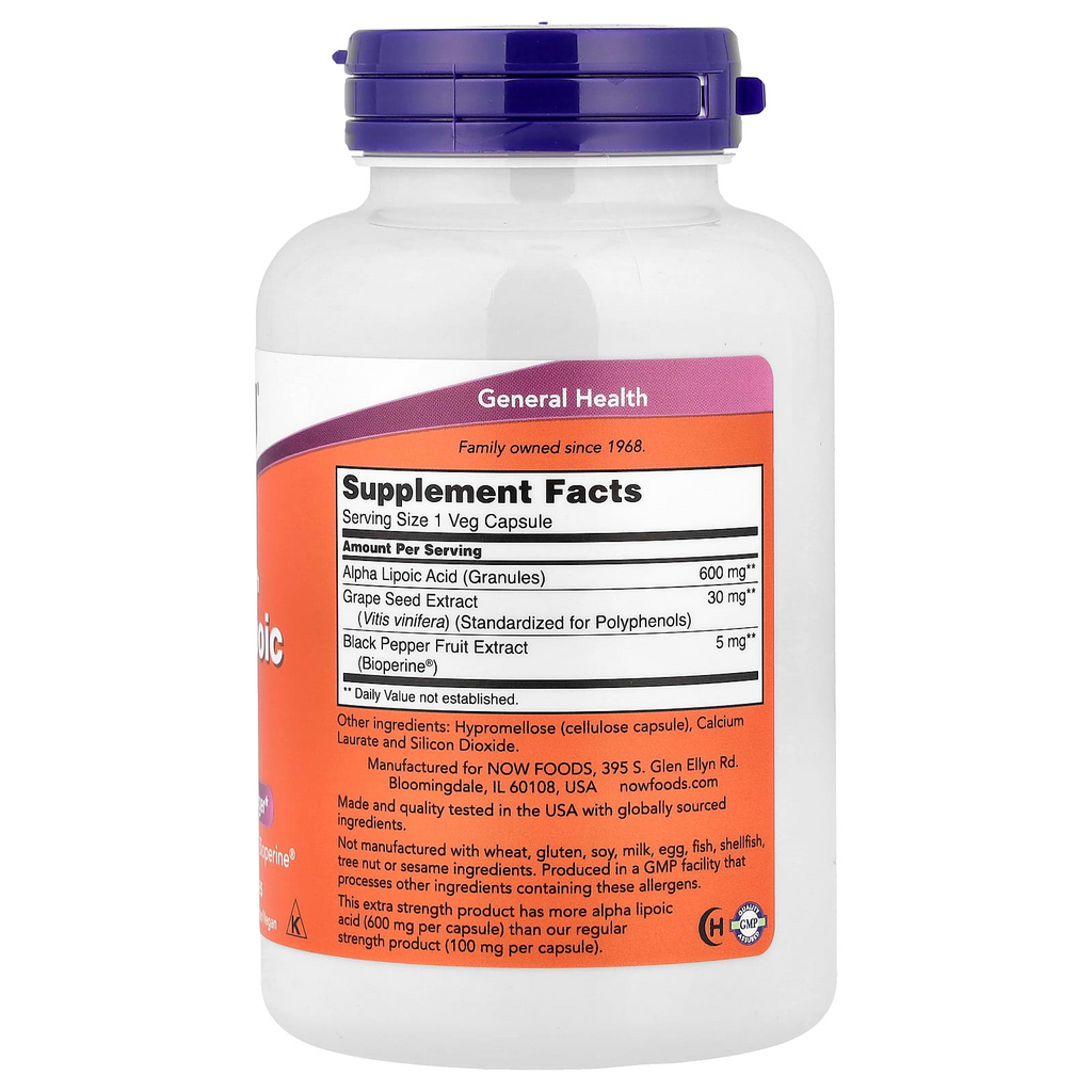 NOW Foods Alpha Lipoic Acid 600 mg with Grape Seed Extract & Bioperine Extra Strength 120 Veg Capsules