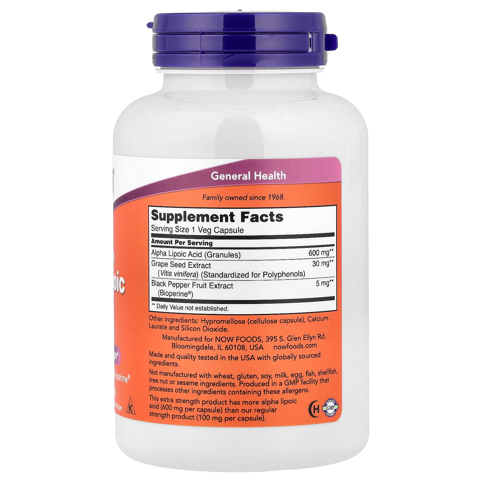 NOW Foods Alpha Lipoic Acid 600 mg with Grape Seed Extract & Bioperine Extra Strength 120 Veg Capsules