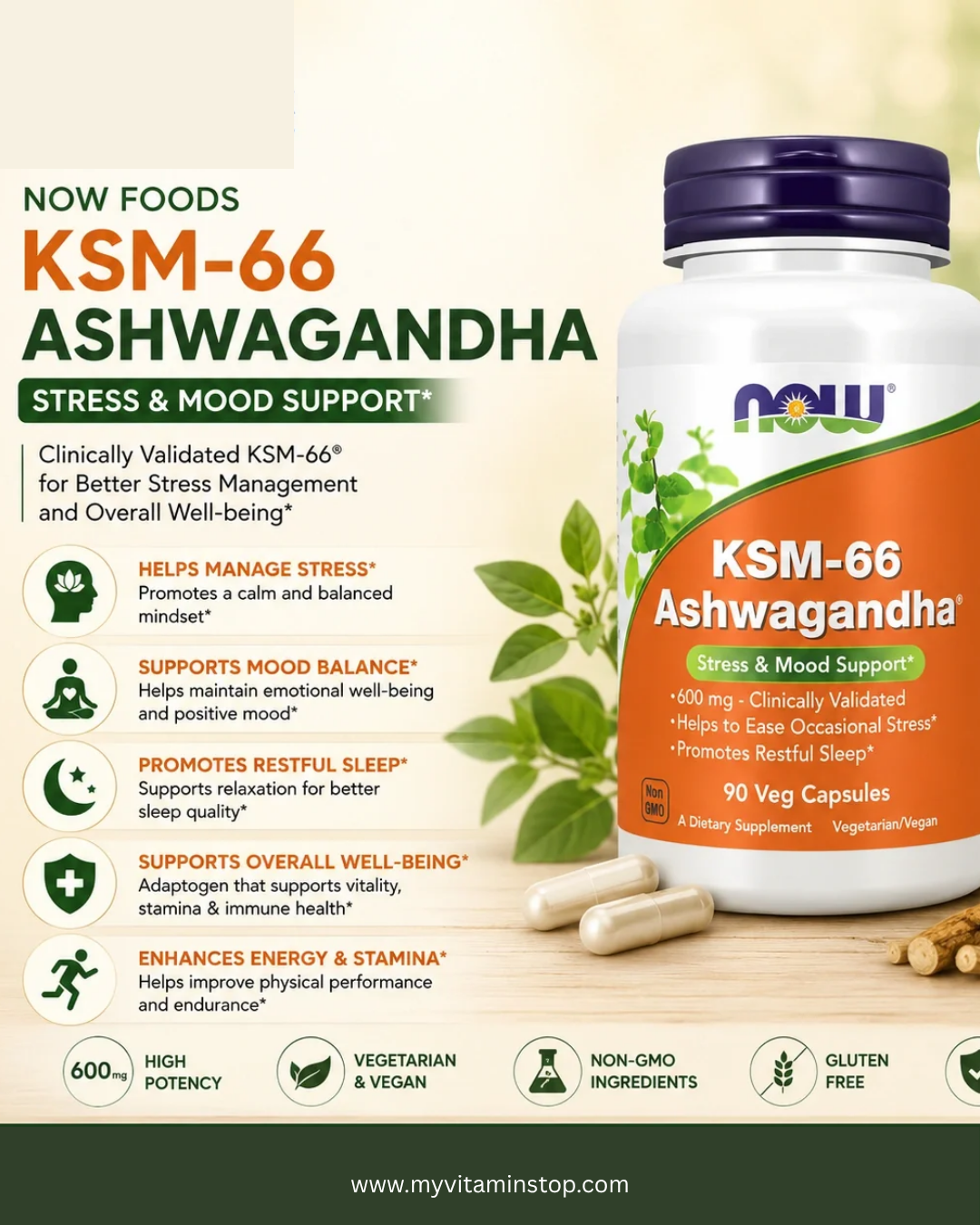NOW Foods KSM-66 Ashwagandha 600 mg, 90 Veg Capsules