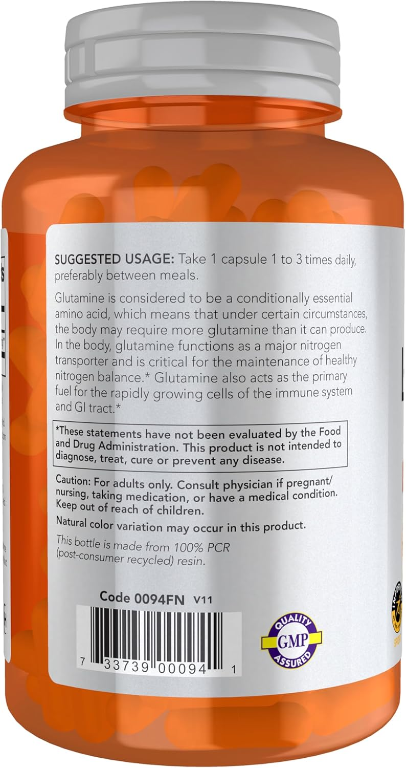NOW Foods Sports L-Glutamine 1,000 mg Amino Acid, 120 Veg Capsules