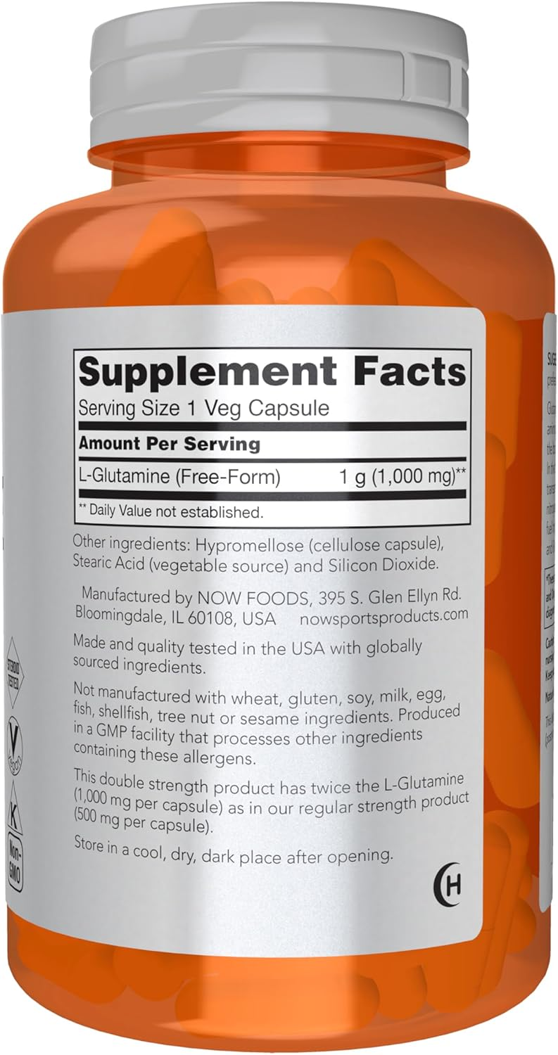 NOW Foods Sports L-Glutamine 1,000 mg Amino Acid, 120 Veg Capsules