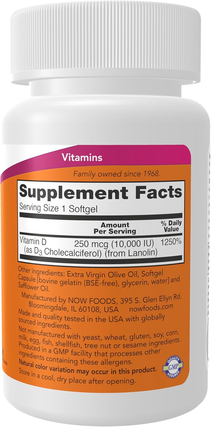 NOW Foods Vitamin D3 High Potency 10,000 IU 120 Softgels