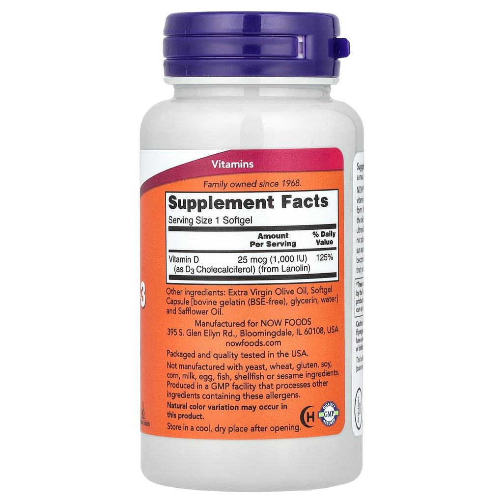NOW Foods Vitamin D3 1,000 IU 180 Softgels