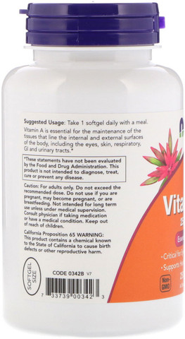 NOW Foods Vitamin A 25,000 IU (7,500 mcg) 100 Softgels