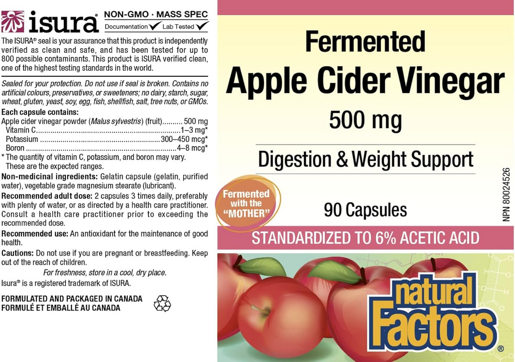 Natural Factors Fermented Apple Cider Vinegar 500 mg, 90 Vegetarian Capsules