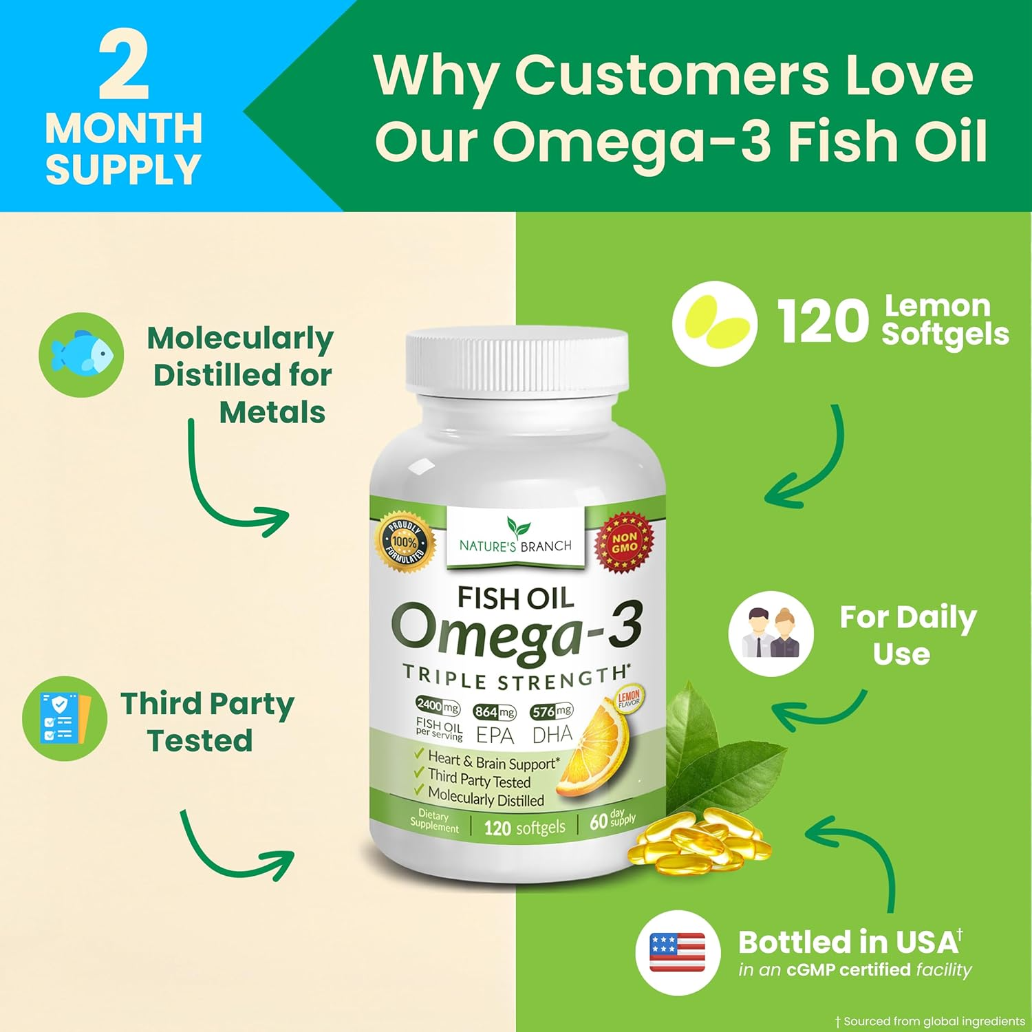 Nature's Branch Triple Strength Omega 3 Fish Oil 2400mg 180 Softgels