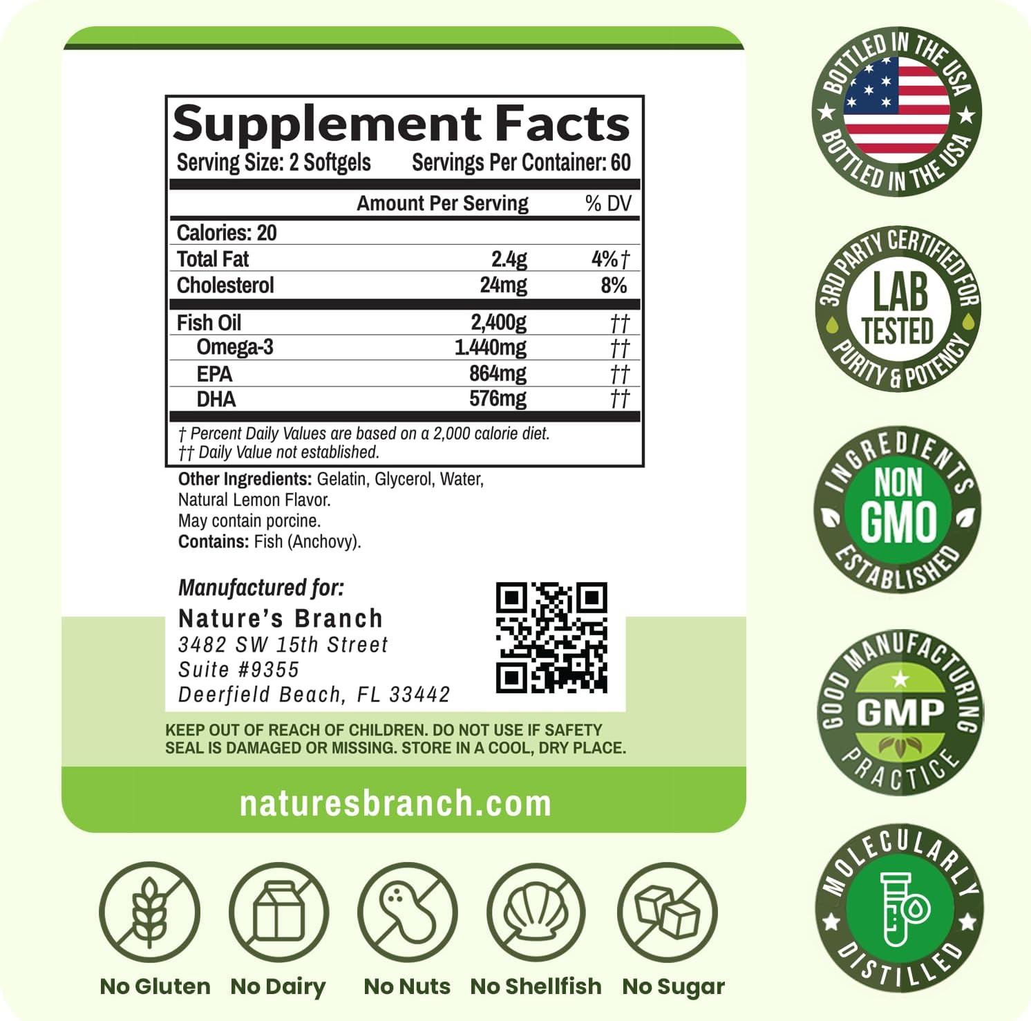 Nature's Branch Triple Strength Omega 3 Fish Oil 2400mg 180 Softgels