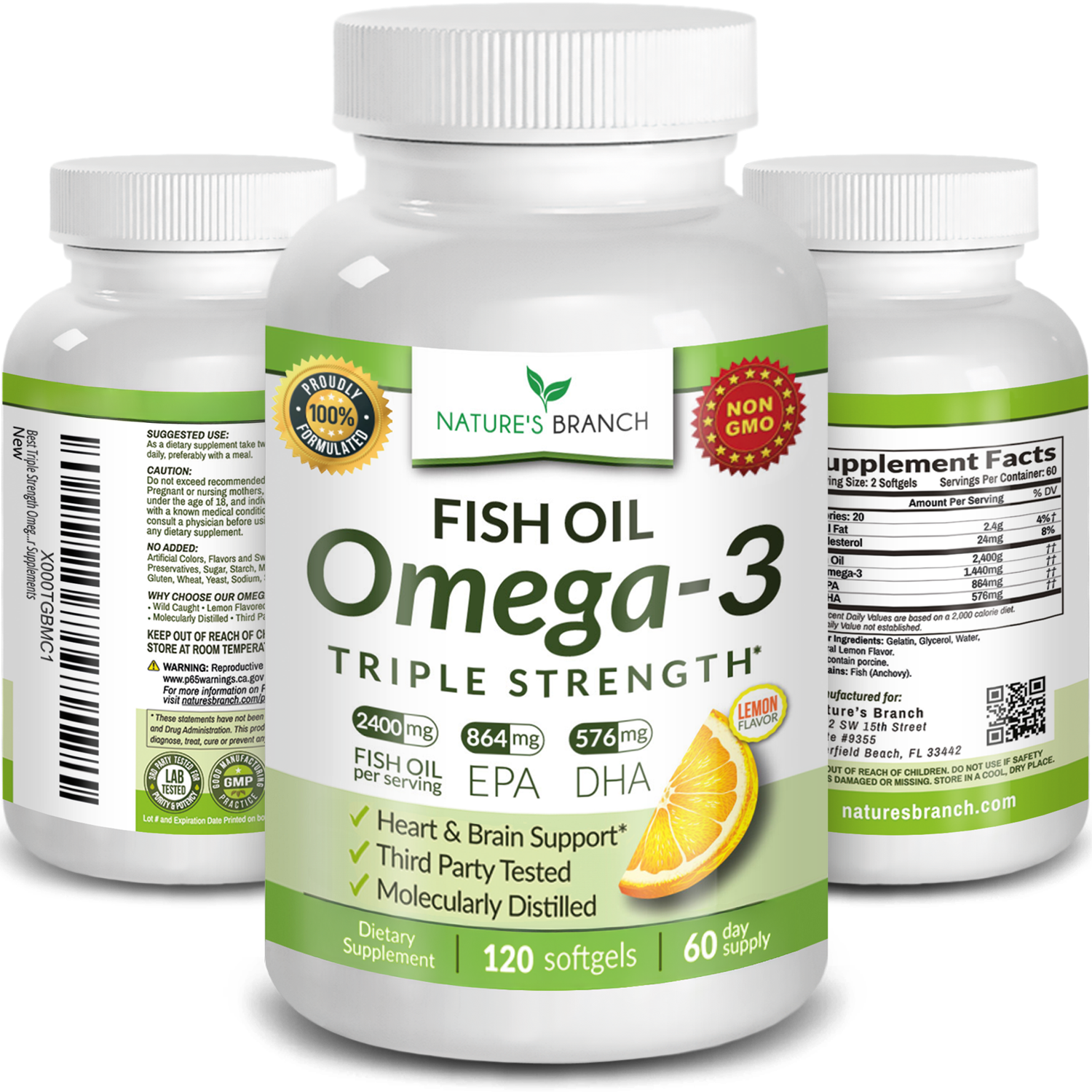 Nature's Branch Triple Strength Omega 3 Fish Oil 2400mg 180 Softgels