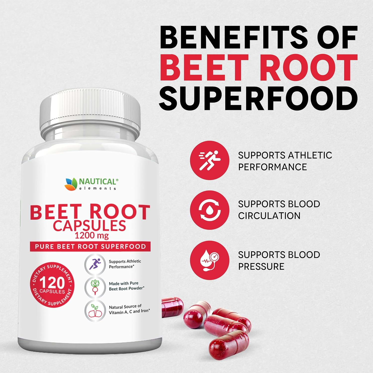 Nautical Elements Beet Root 1200mg Per Serving -120 Beet Root Powder Capsules