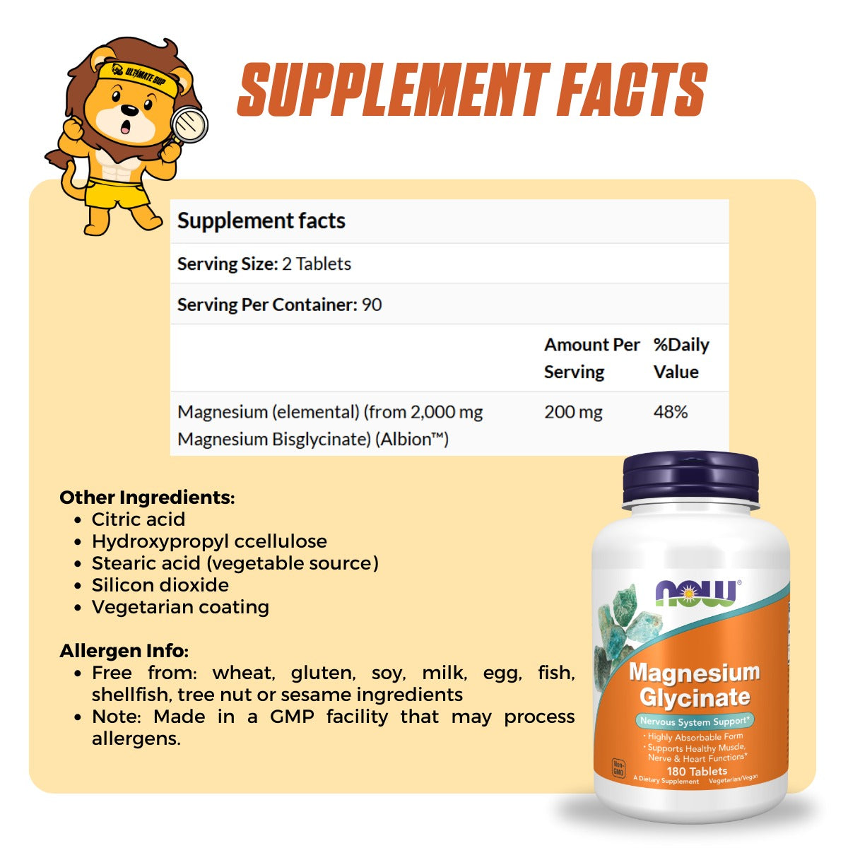 NOW Foods Magnesium Glycinate 180 Tablets (100 mg per Tablet)