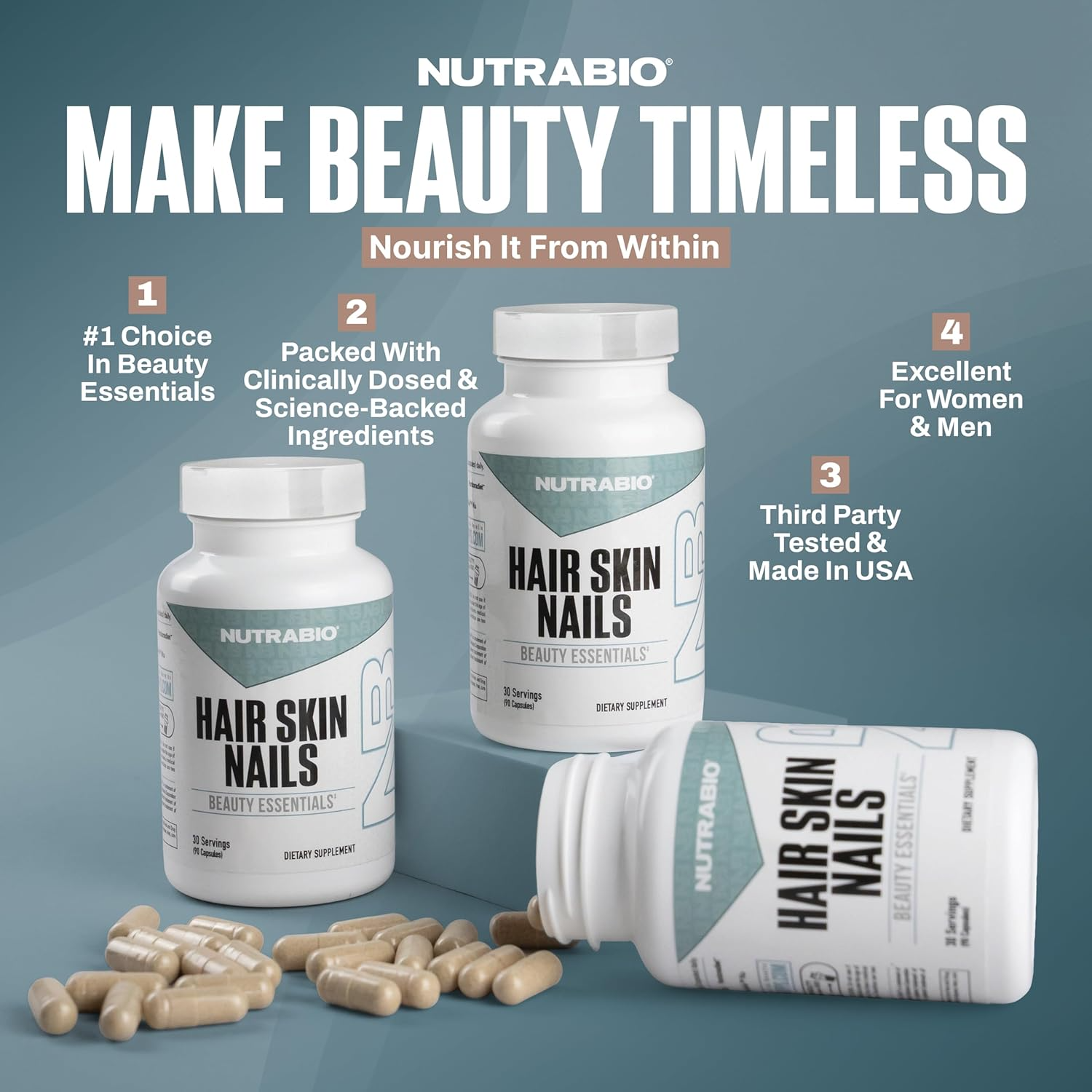 NutraBio Hair Skin Nails, 90 Capsules