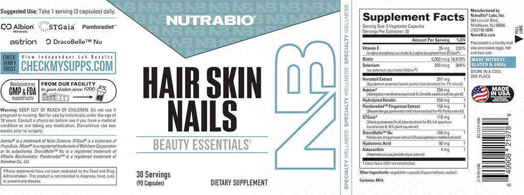 NutraBio Hair Skin Nails, 90 Capsules