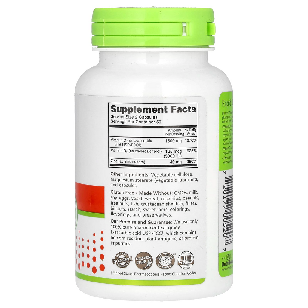 NutriBiotic Immunity Vitamin C + D3 & Zinc 100 Capsules