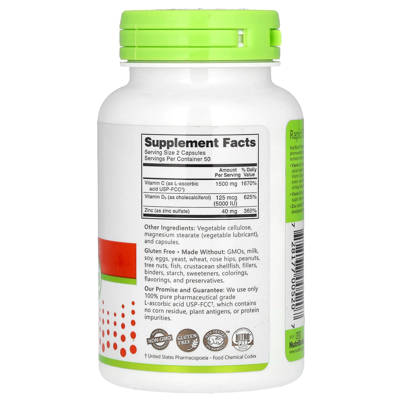 NutriBiotic Immunity Vitamin C + D3 & Zinc 100 Capsules