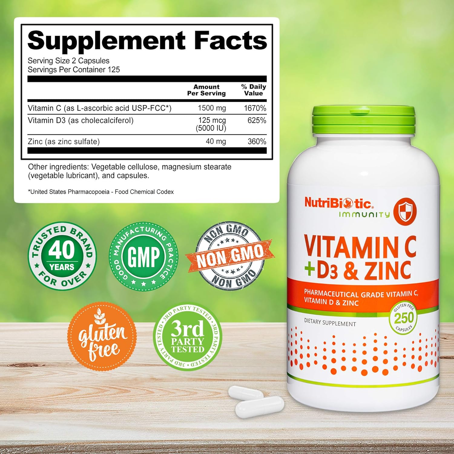 NutriBiotic Immunity Vitamin C + D3 & Zinc 100 Capsules