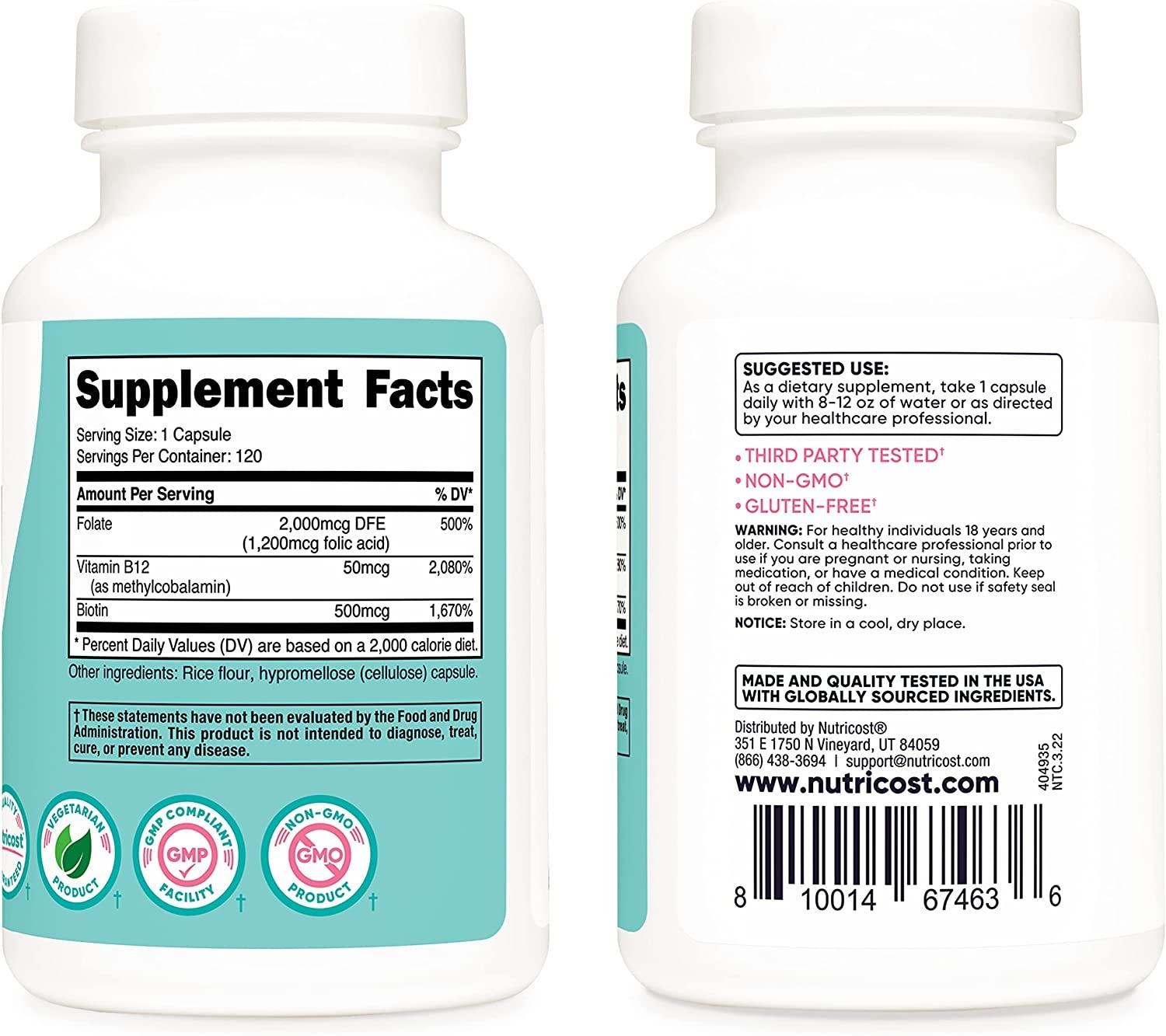 Nutricost Folic Acid with Biotin & Vitamin B12 1200mcg for Women, 120 Capsules,