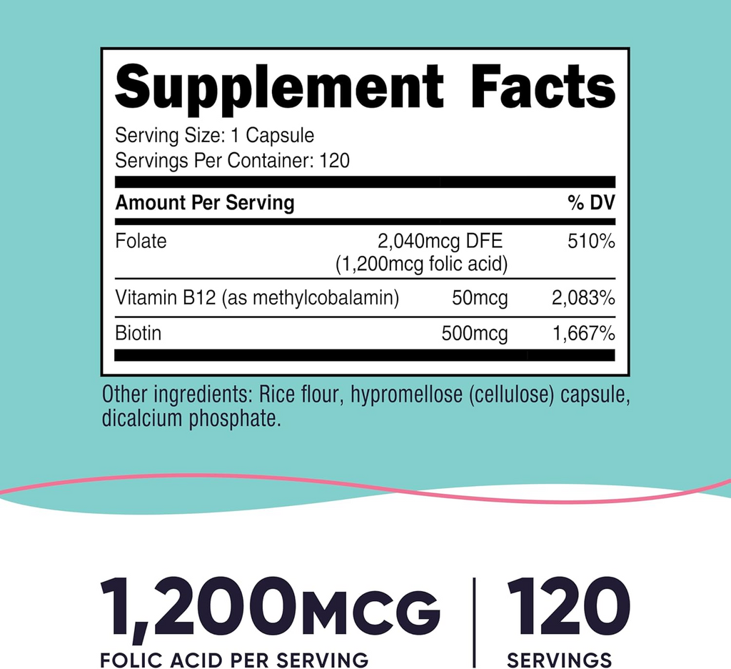 Nutricost Folic Acid with Biotin & Vitamin B12 1200mcg for Women, 120 Capsules,