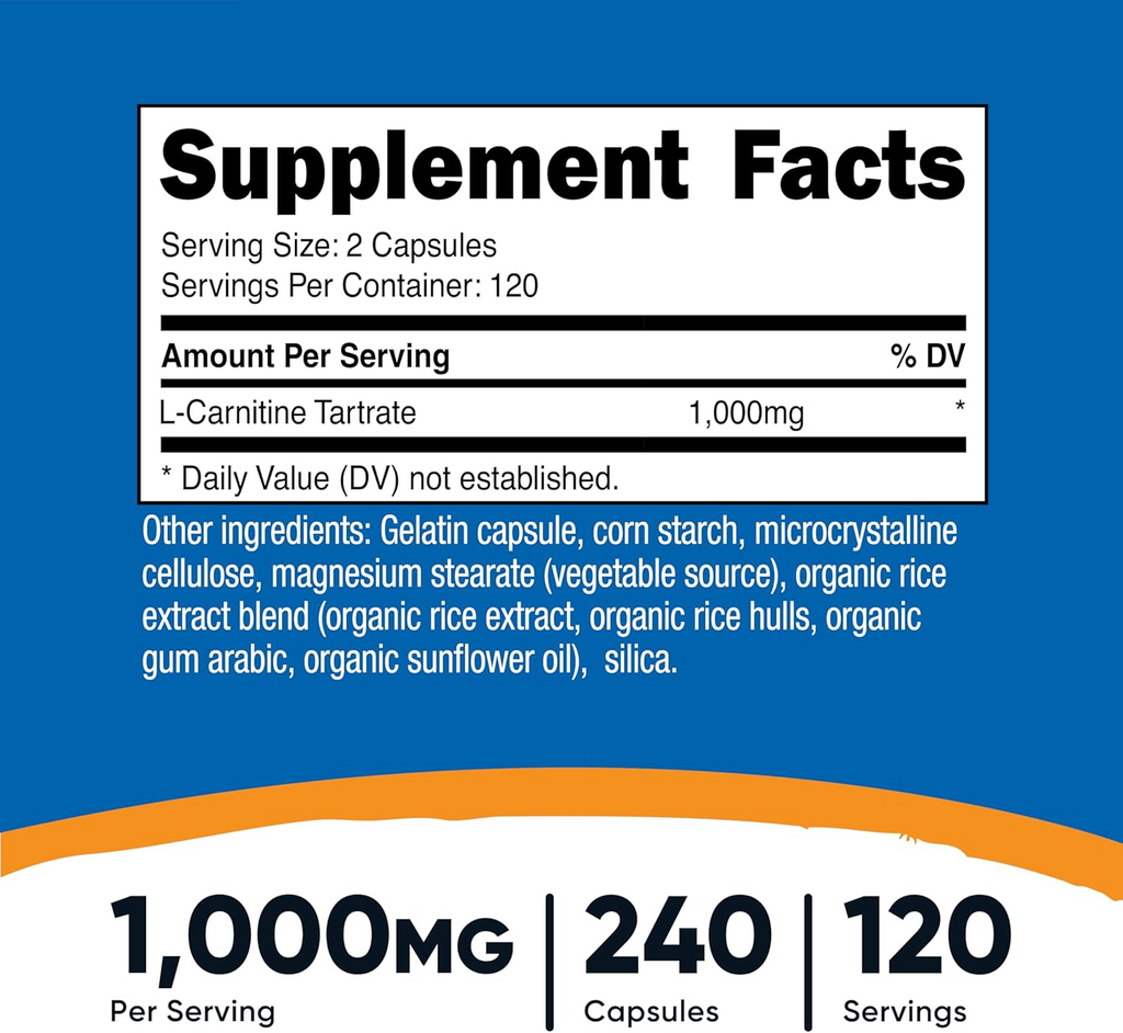 Nutricost L-Carnitine Tartrate 1,000mg, 180 Capsules