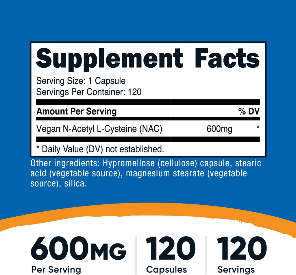 Nutricost NAC Vegan N-Acetyl L-Cysteine 600 mg, 120 Capsules