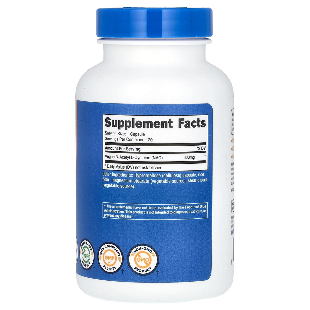 Nutricost NAC Vegan N-Acetyl L-Cysteine 600 mg, 120 Capsules