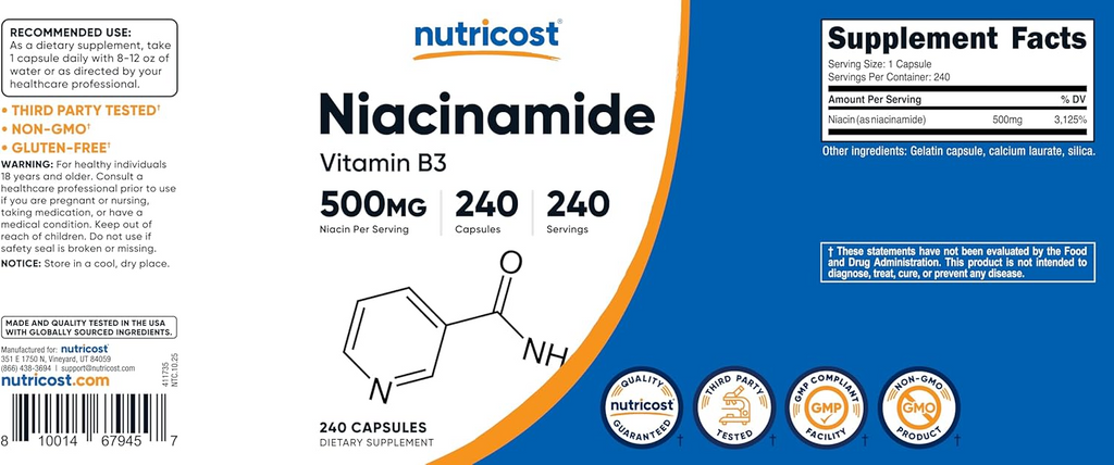 Nutricost Niacinamide (Vitamin B3) 500mg, 240 Capsules