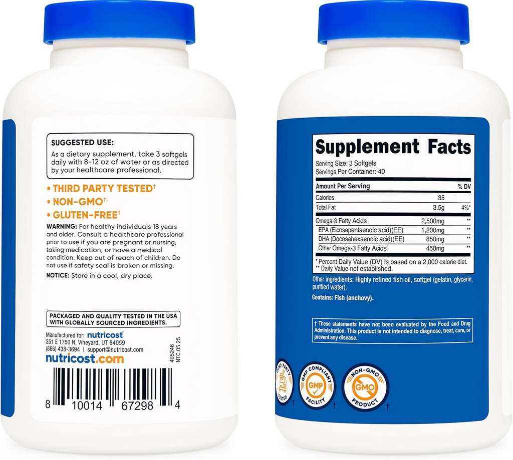 Nutricost Omega-3 Fish Oil 2500mg 120 Softgels
