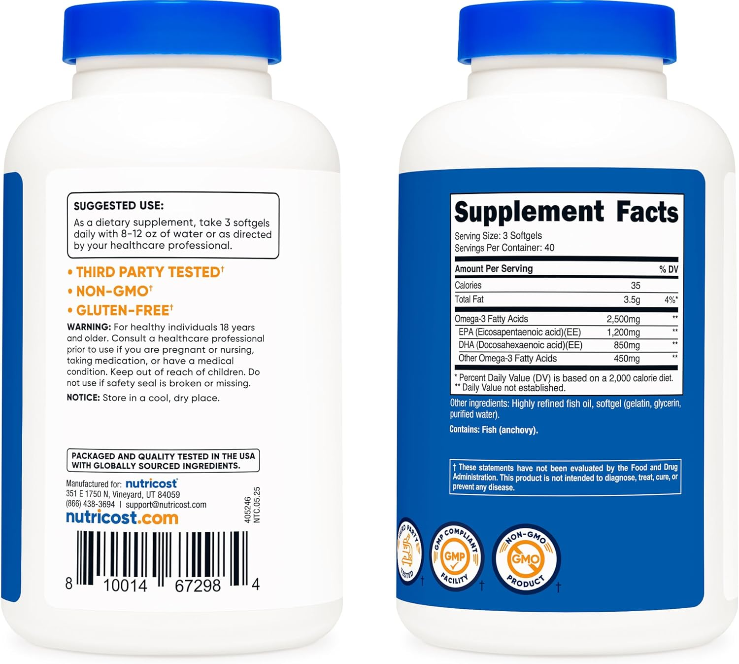 Nutricost Omega-3 Fish Oil 2500mg 120 Softgels
