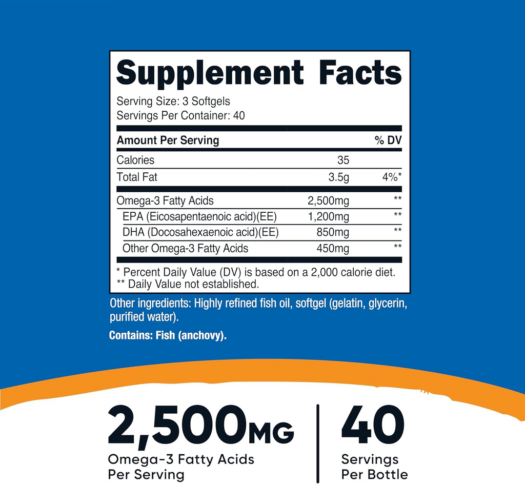 Nutricost Omega-3 Fish Oil 2500mg 120 Softgels