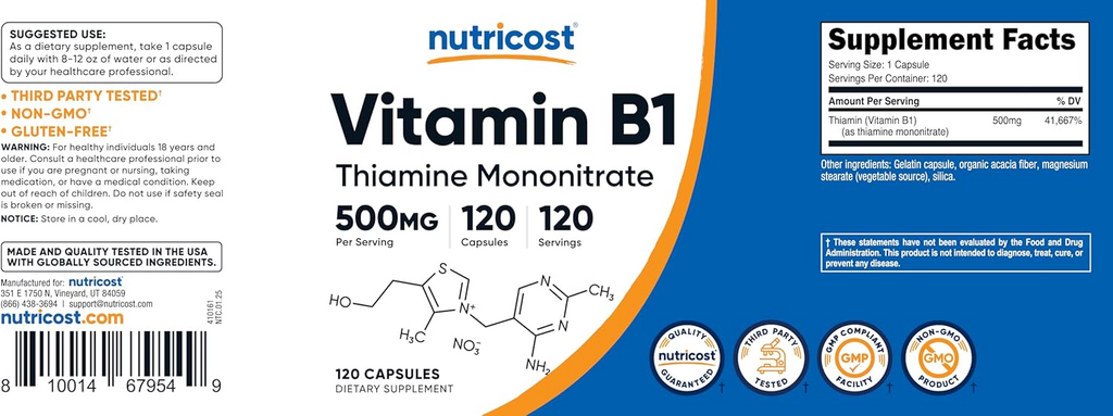 Nutricost Vitamin B1 500 mg, 120 Capsules