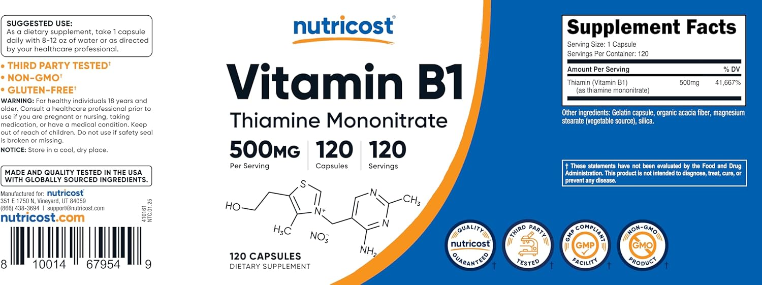 Nutricost Vitamin B1 500 mg, 120 Capsules