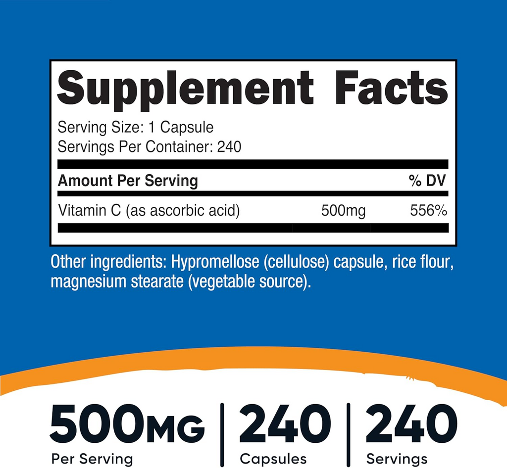Nutricost Vitamin C Ascorbic Acid 500mg 240 Capsules