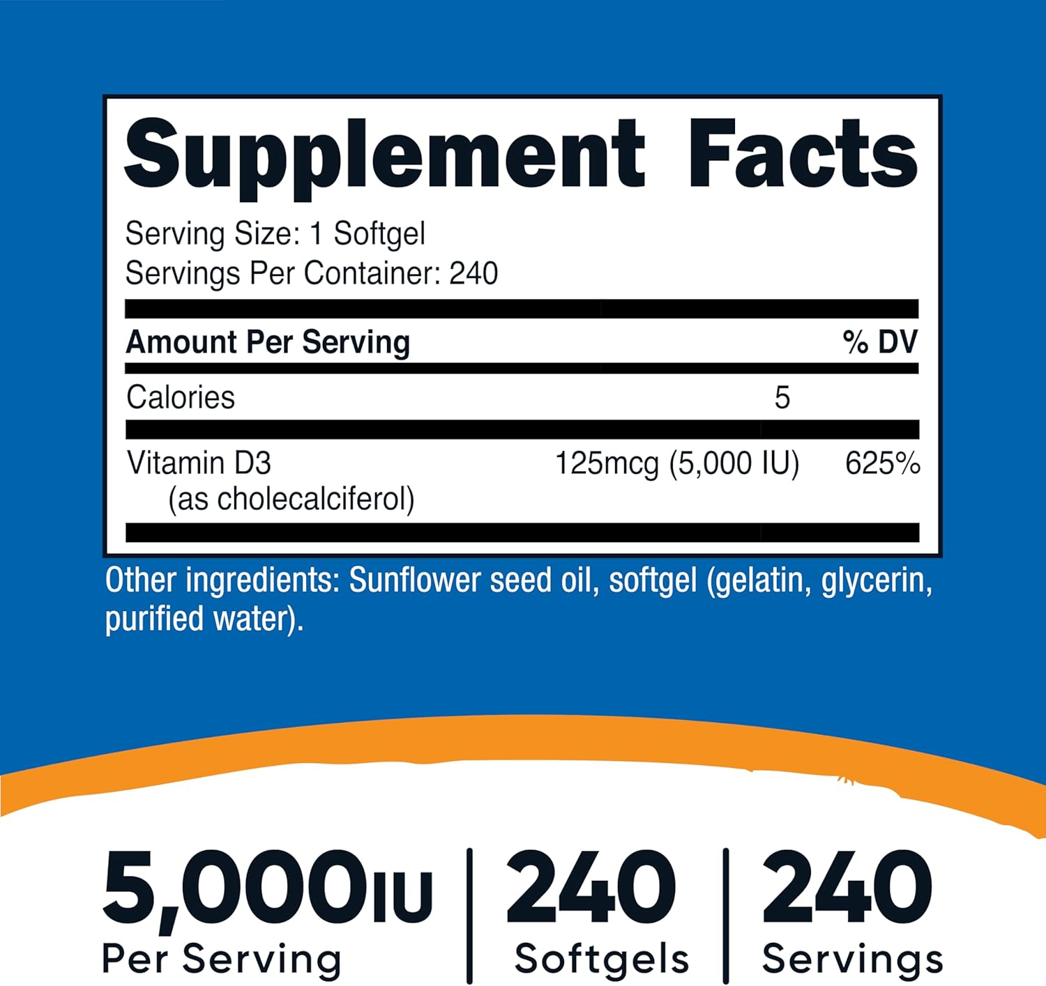 Nutricost Vitamin D3 125 mcg (5,000 IU), 30 Softgels