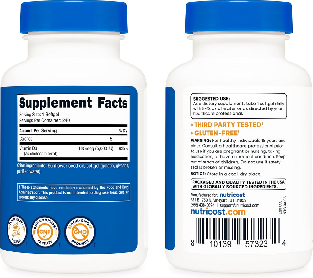 Nutricost Vitamin D3 125 mcg (5,000 IU), 30 Softgels