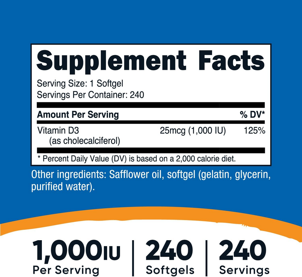 Nutricost Vitamin D3 1,000 IU, 240 Softgels