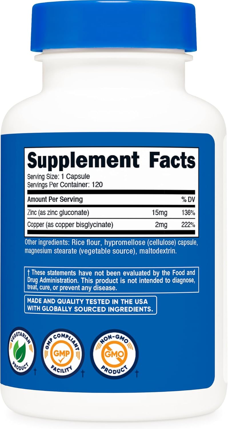 Nutricost Zinc + Copper Capsules -15MG Zinc + 2MG Copper Per Serving - 120 Capsules