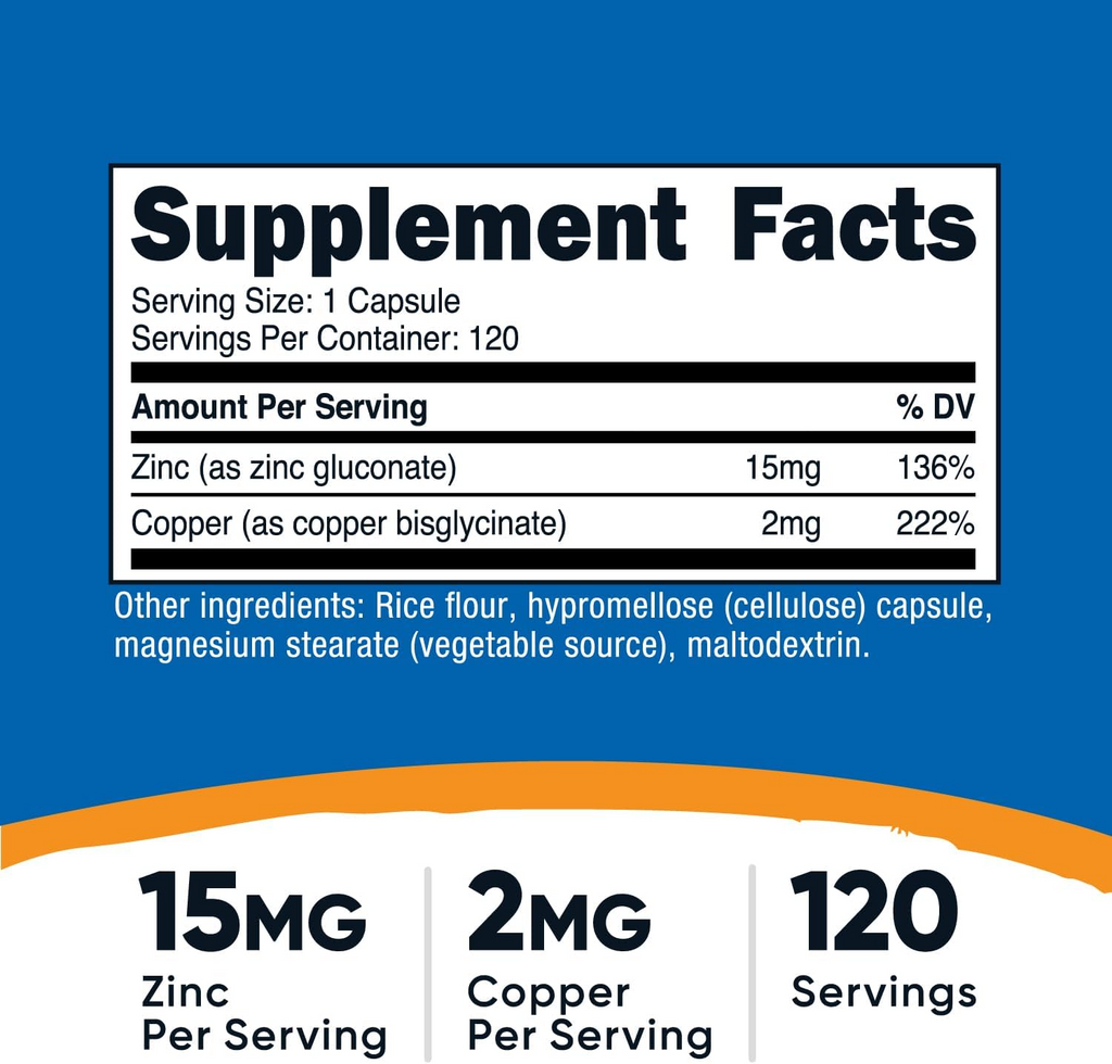 Nutricost Zinc + Copper Capsules -15MG Zinc + 2MG Copper Per Serving - 120 Capsules