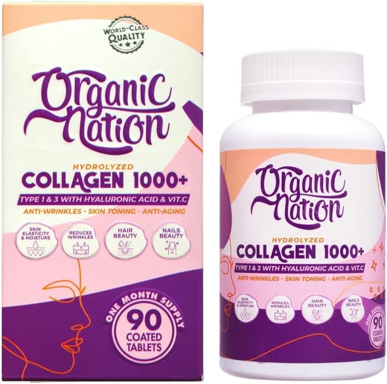ORGANIC NATION Hydrolyzed Collagen 1000+ 90 Coated Tablets
