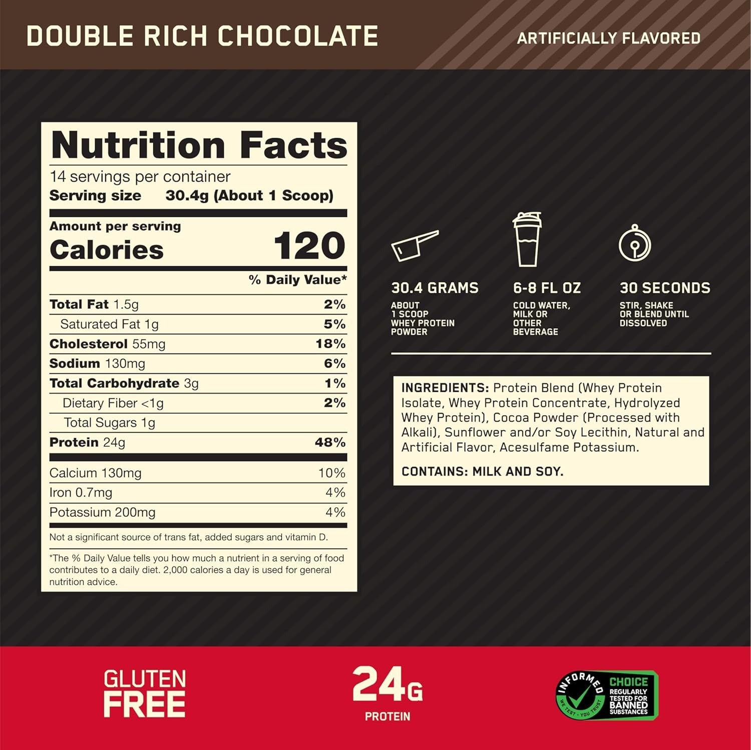 Optimum Nutrition Gold Standard 100% Whey Protein Powder, Double Rich Chocolate, 1 Pound