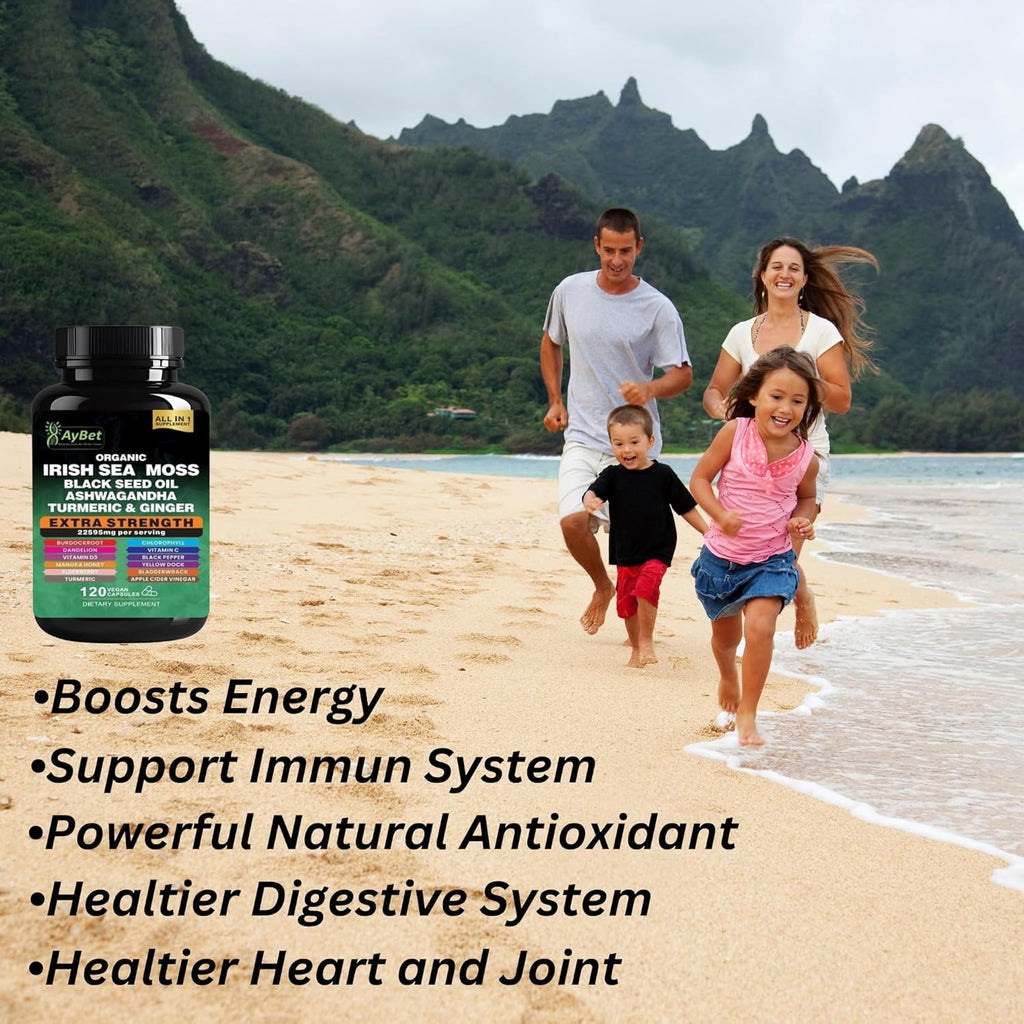 Organic Irish Sea Moss, Black Seed Oil, Ashwagandha, Turmeric,Ginger Capsule