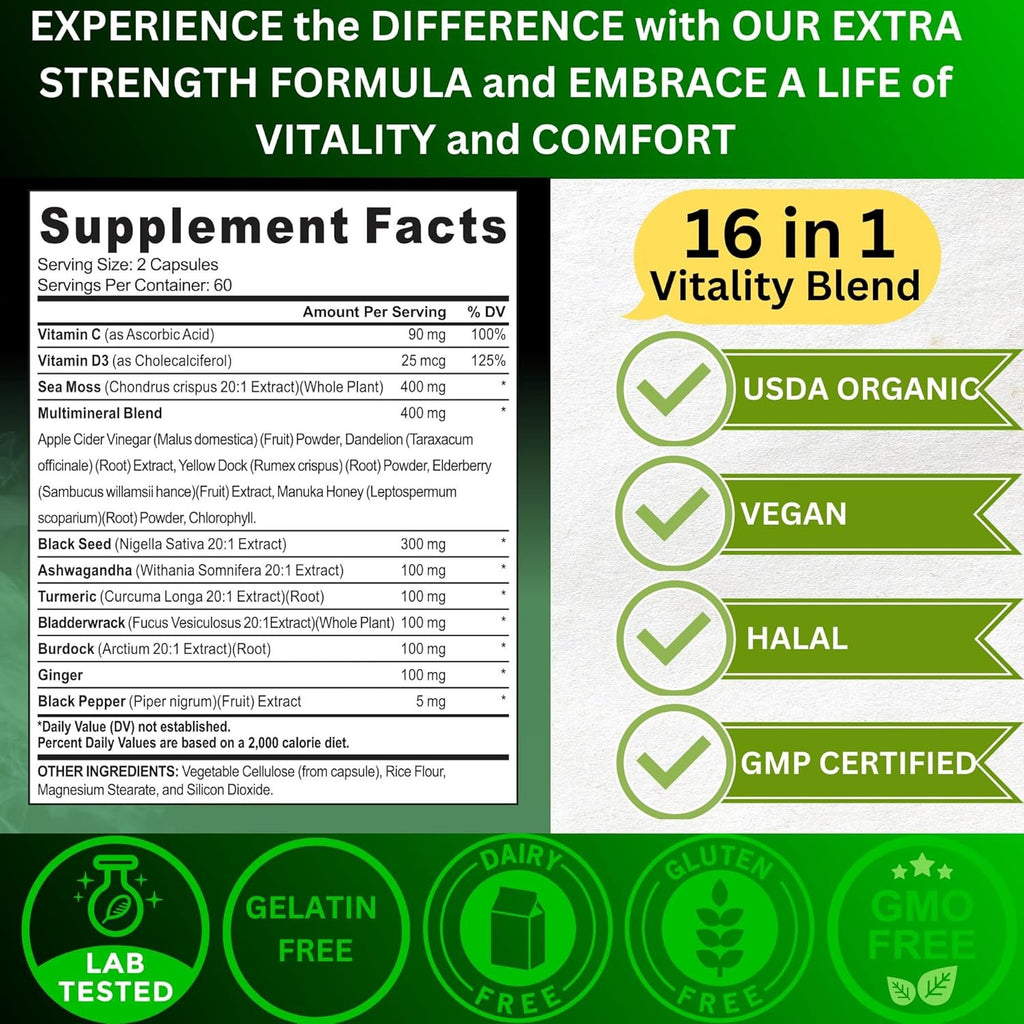 Organic Irish Sea Moss, Black Seed Oil, Ashwagandha, Turmeric,Ginger Capsule